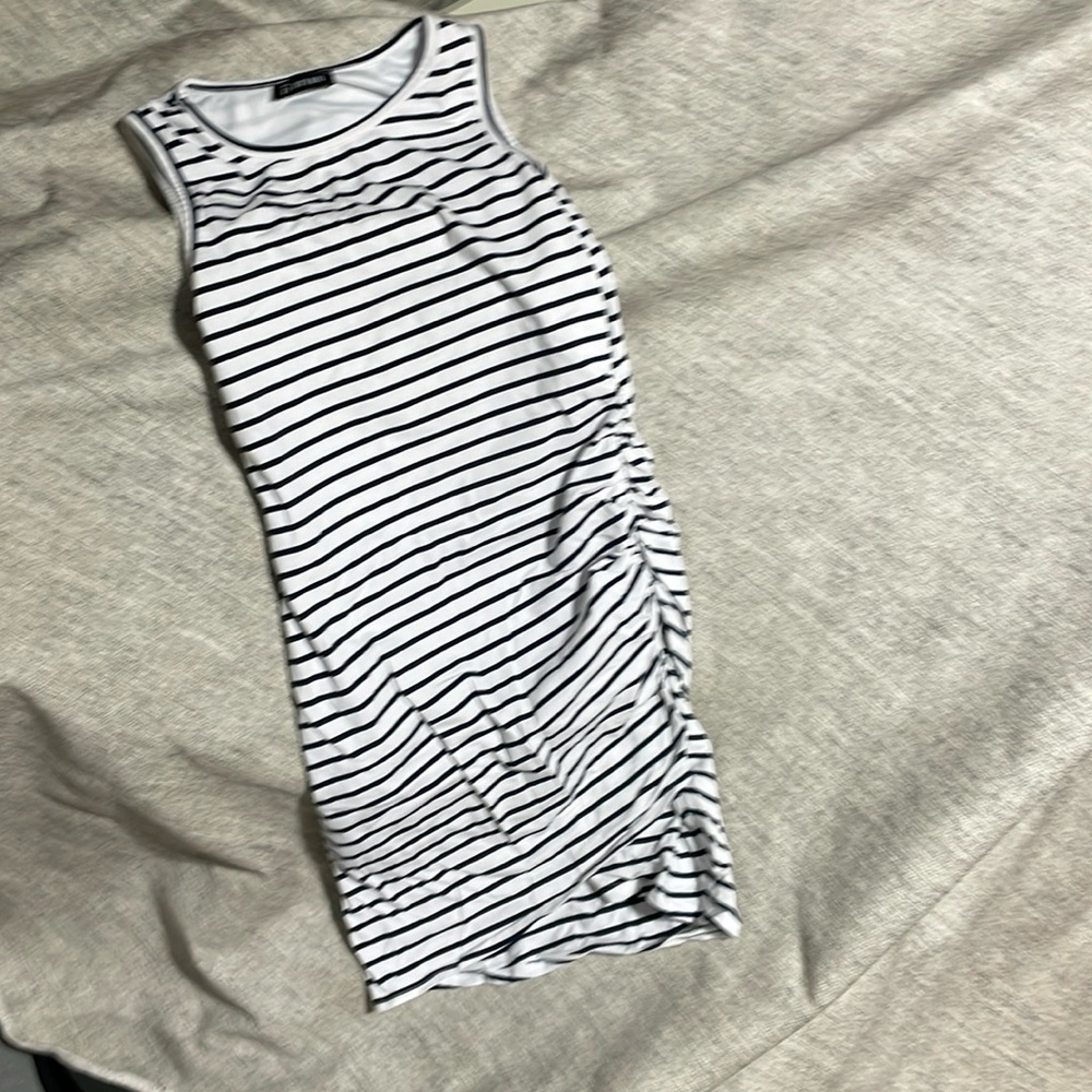 Black and white tie striped maternity dress by BTFBM, ruched sides- very comfy!